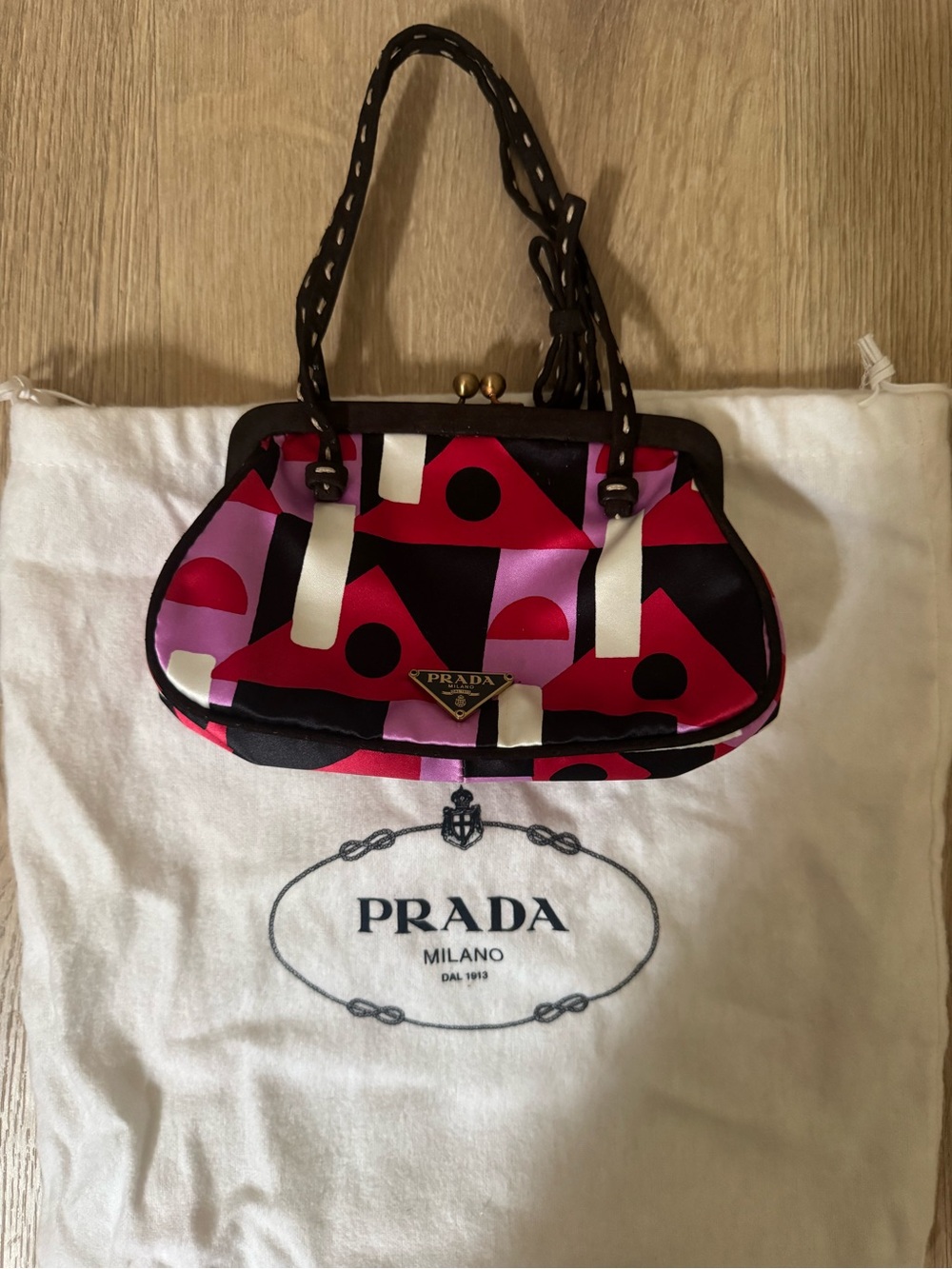 Prada Pink, Black & White Geometric Satin Shoulder Bag